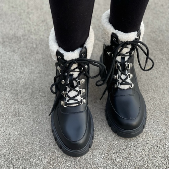 Black Lace-up Combat boot with faux fur ankle cuff - Picture 6 of 13
